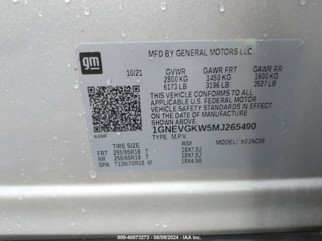 1GNEVGKW5MJ265490 Chevrolet Traverse Awd Lt Cloth