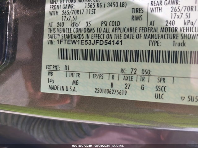 Ford F-150 Xlt 2018 1FTEW1E53JFD54141 Image 9