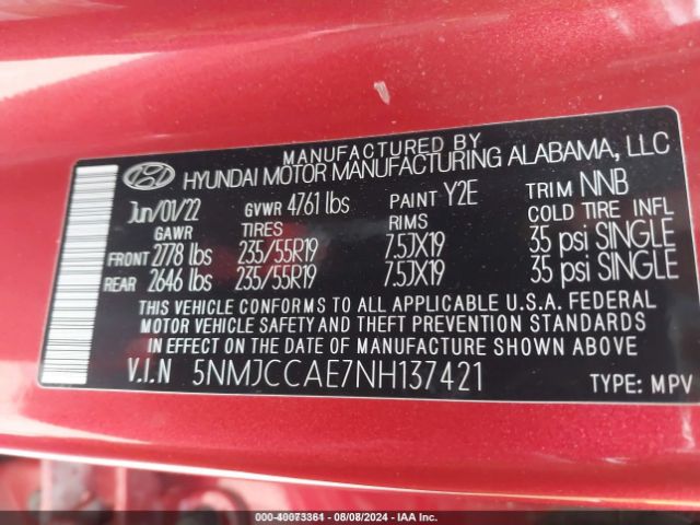 5NMJCCAE7NH137421 Hyundai TUCSON SEL