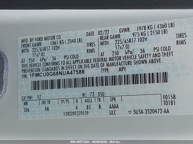 Ford ESCAPE SE 2022 1FMCU0G68NUA47588 Image 9