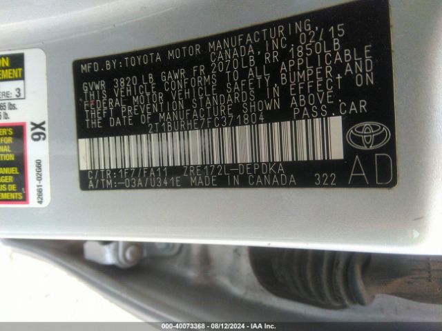2T1BURHE7FC371804 Toyota COROLLA L