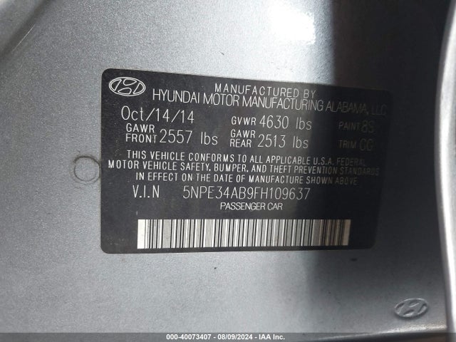 Hyundai Sonata Limited 2.0t 2015 5NPE34AB9FH109637 Image 9
