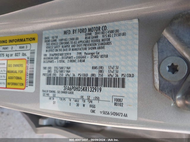 Ford FUSION SE 2019 3FA6P0HD5KR132919 Image 9