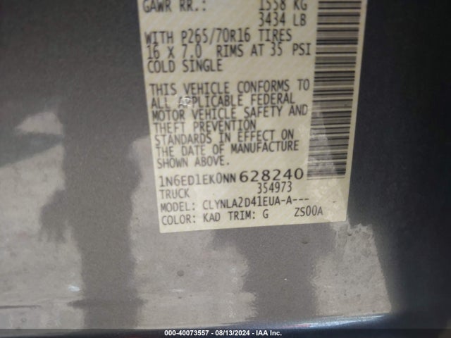 1N6ED1EK0NN628240 Nissan Frontier S 4x4
