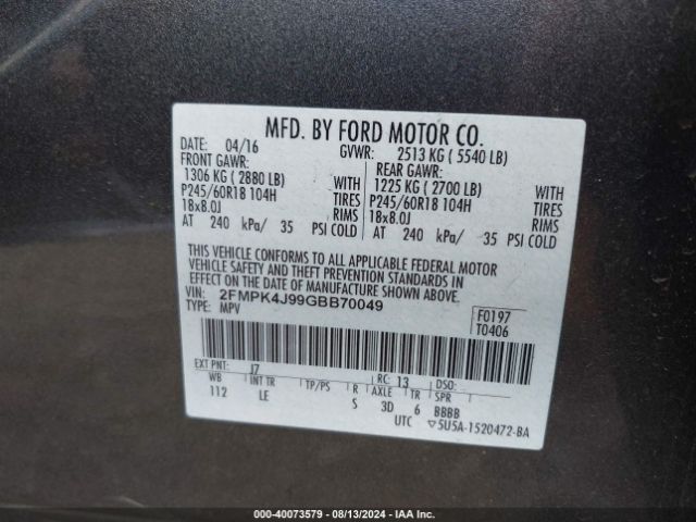 2FMPK4J99GBB70049 Ford EDGE SEL