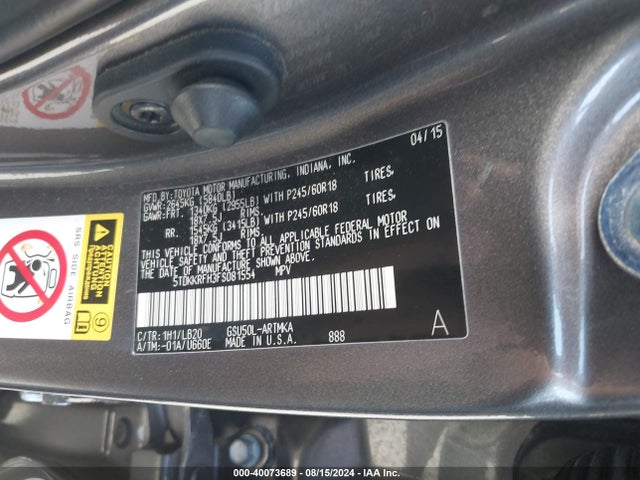 Toyota Highlander Xle V6 2015 5TDKKRFH3FS081554 Image 9