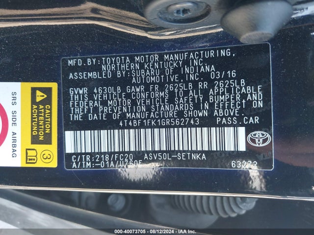 Toyota CAMRY LE 2016 4T4BF1FK1GR562743 Image 9