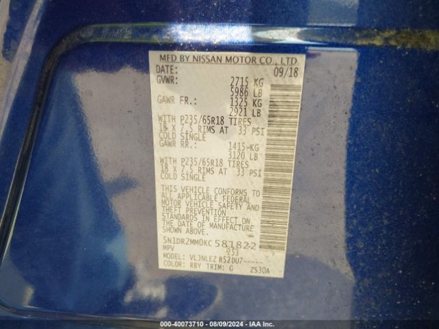 5N1DR2MM0KC581822 Nissan Pathfinder Sv
