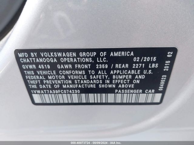 1VWAT7A39FC074230 Volkswagen Passat 1.8t S