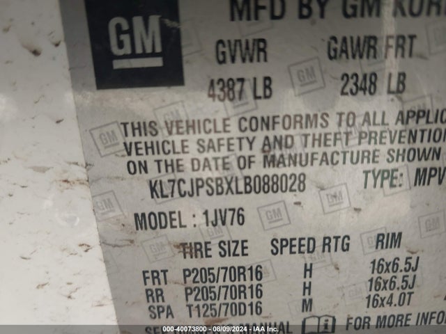 Chevrolet Trax Awd Lt 2020 KL7CJPSBXLB088028 Image 9