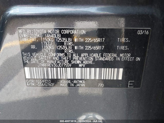 Toyota Rav4 Xle 2016 JTMRFREV3GJ077559 Image 9