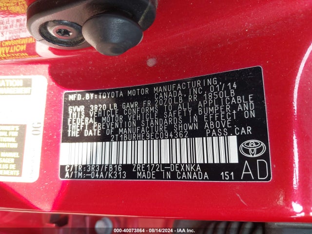 Toyota Corolla Le Plus 2014 2T1BURHE9EC094362 Image 9