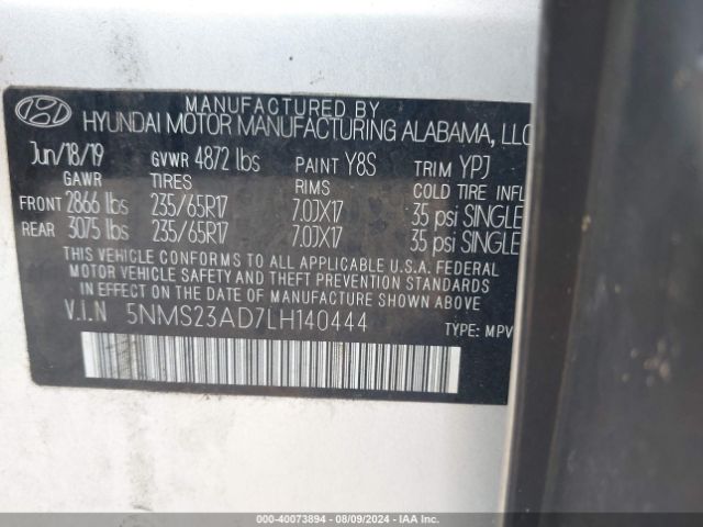 5NMS23AD7LH140444 Hyundai Santa Fe Se
