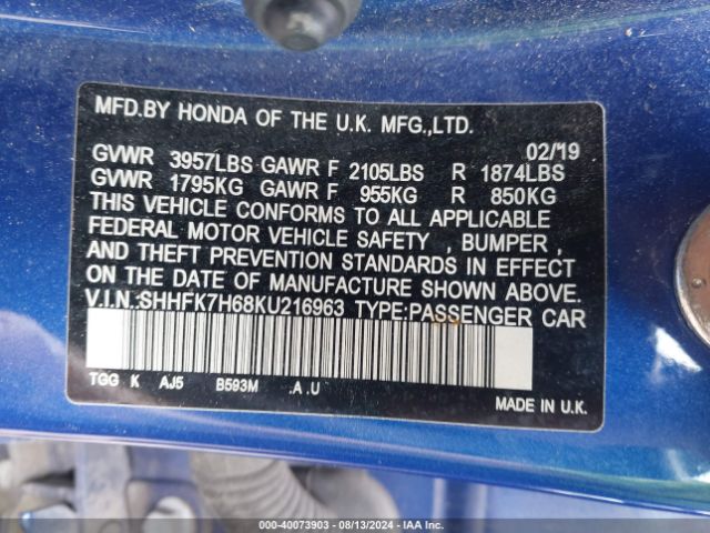 SHHFK7H68KU216963 Honda CIVIC EX