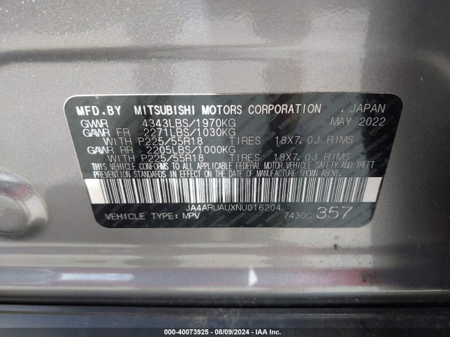 2022 MITSUBISHI OUTLANDER SPORT JA4ARUAUXNU016204 Photo 8
