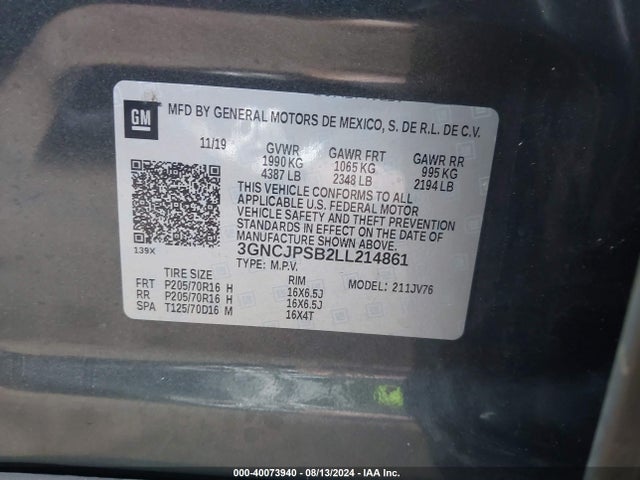 Chevrolet Trax Awd Lt 2020 3GNCJPSB2LL214861 Image 9