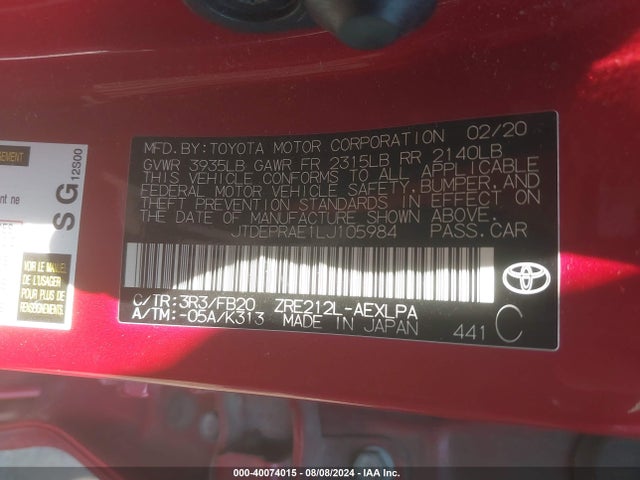 Toyota COROLLA LE 2020 JTDEPRAE1LJ105984 Image 9