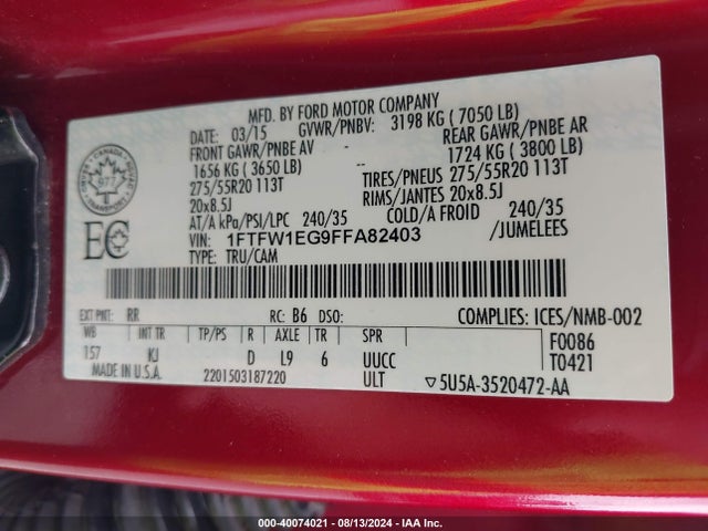 Ford F-150 King Ranch 2015 1FTFW1EG9FFA82403 Image 9