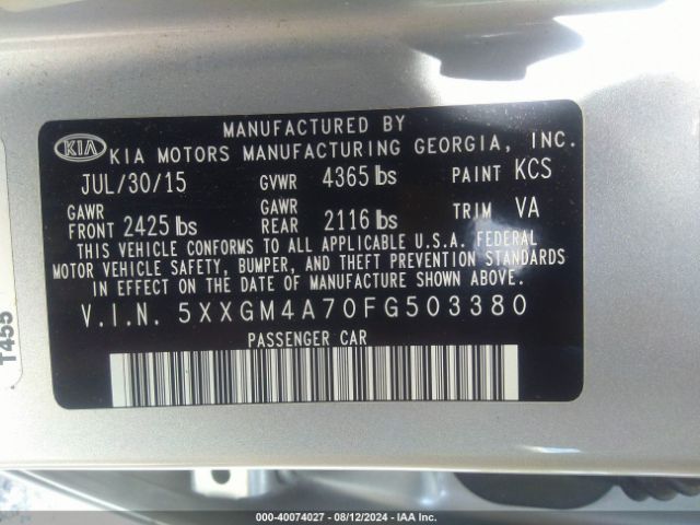 5XXGM4A70FG503380 KIA Optima Lx