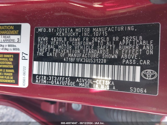 Toyota CAMRY SE 2016 4T1BF1FK3GU531228 Image 9