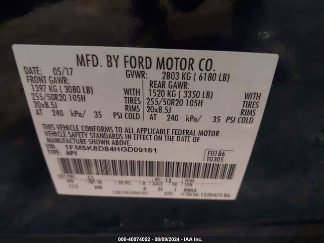 Ford EXPLORER XLT 2017 1FM5K8D84HGD09161 Image 9
