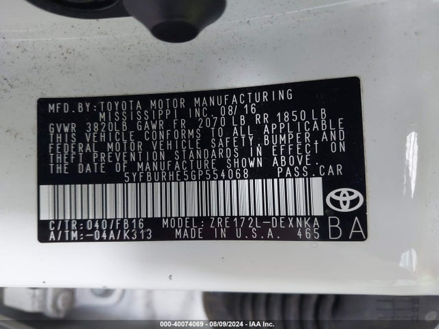 Toyota COROLLA LE 2016 5YFBURHE5GP554068 Image 9