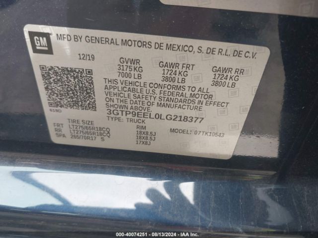 3GTP9EEL0LG218377 GMC Sierra 1500 4wd  Short Box At4