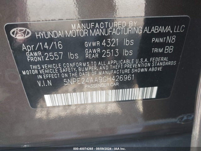 Hyundai SONATA ECO 2016 5NPE24AA9GH426961 Image 9