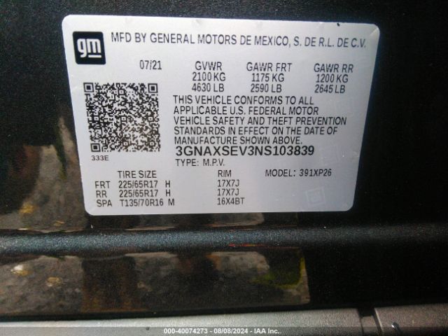 3GNAXSEV3NS103839 Chevrolet Equinox Awd Ls
