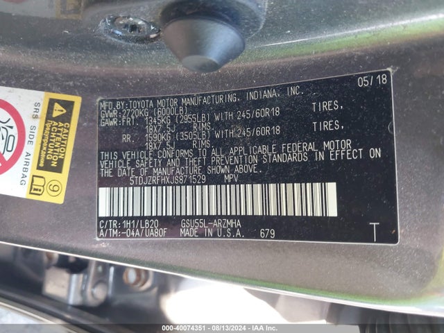 Toyota Highlander Xle 2018 5TDJZRFHXJS871529 Image 9