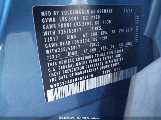 WVGSV7AX9HK023416 Volkswagen Tiguan 2.0t Wolfsburg Edition