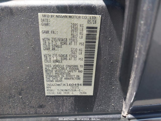 Nissan MURANO SL 2018 5N1AZ2MH7JN160494 Image 9