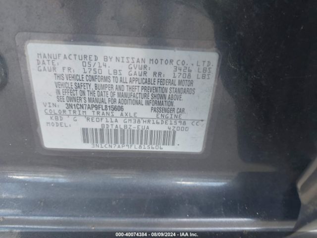 3N1CN7AP9FL815606 Nissan Versa 1.6 S/1.6 S+/1.6 Sl/1.6 Sv