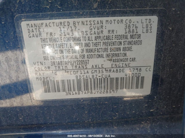 Nissan SENTRA S 2018 3N1AB7AP8JY228597 Image 9