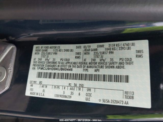 1FMCU9HD9KUB60446 Ford ESCAPE SEL