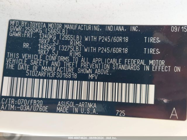 5TDZARFH3FS016818 Toyota Highlander Le