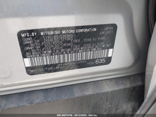 2022 MITSUBISHI OUTLANDER JA4J4UA82NZ020669 Photo 8