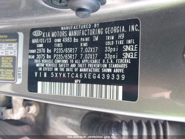 5XYKTCA6XEG439339 KIA SORENTO LX