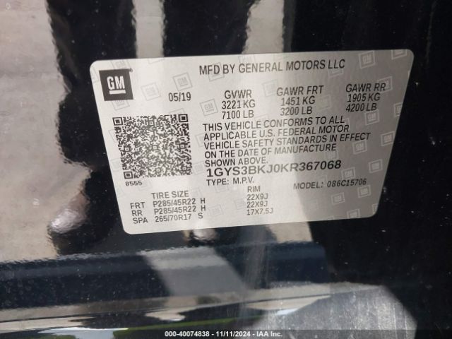 1GYS3BKJ0KR367068 Cadillac Escalade Luxury