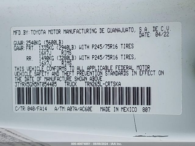 3TYRX5GN5NT054405 Toyota Tacoma Sr
