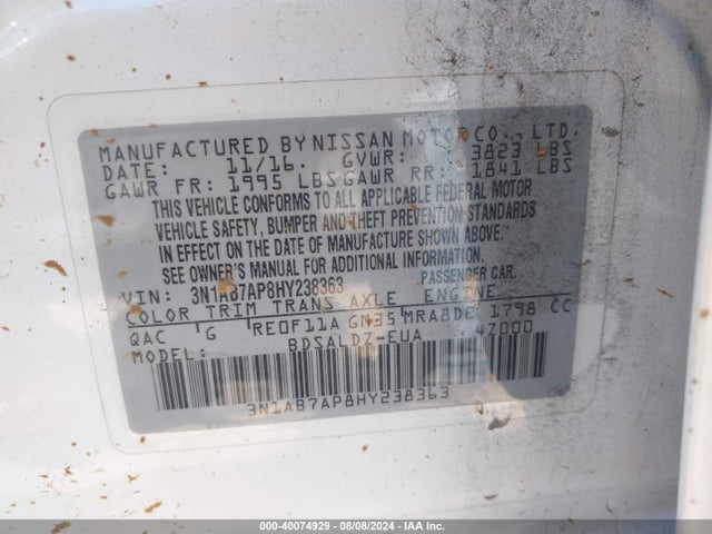 Nissan SENTRA SV 2017 3N1AB7AP8HY238363 Image 9
