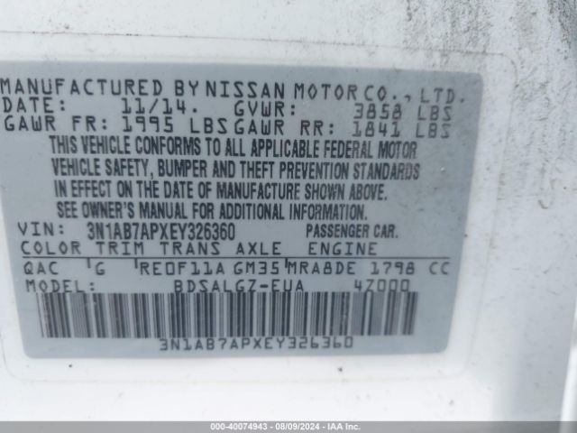 3N1AB7APXEY326360 Nissan SENTRA SL