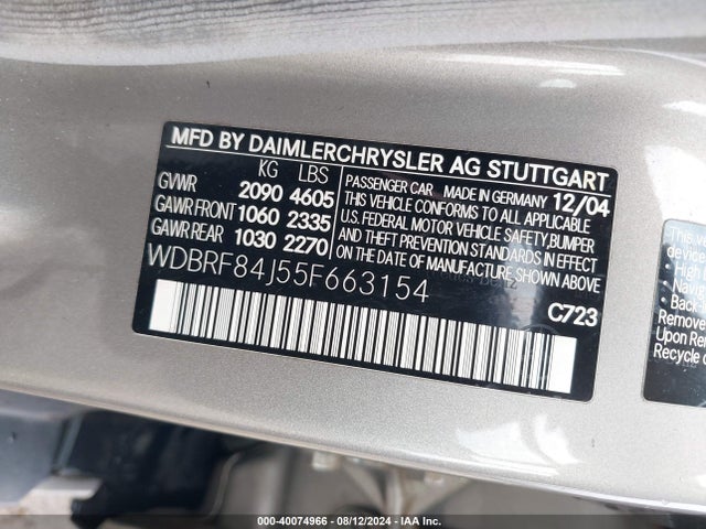 40074966 :رقم المزاد ، WDBRF84J55F663154 vin ، 2005 Mercedes-benz C 320 Luxury 4matic مزاد بيع