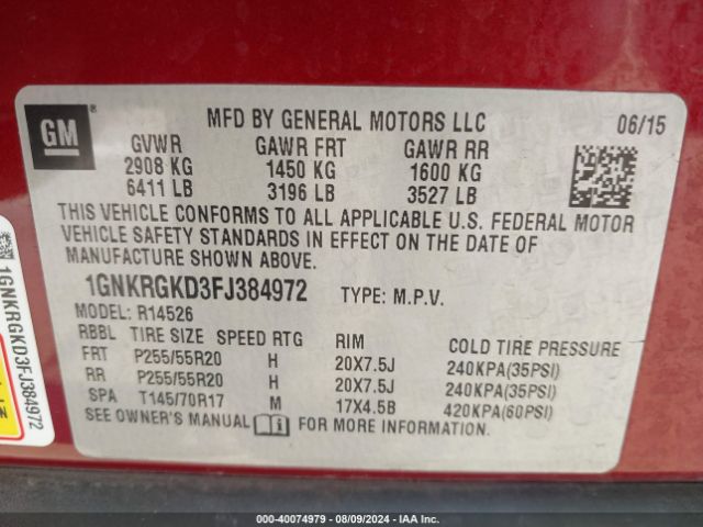 1GNKRGKD3FJ384972 Chevrolet Traverse 1lt