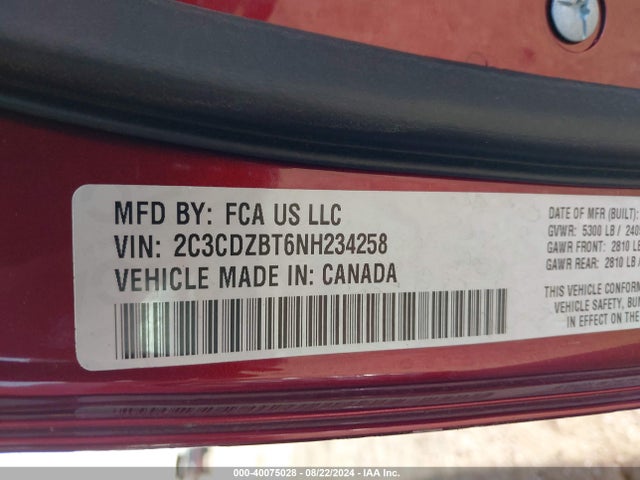 2C3CDZBT6NH234258 Dodge Challenger R/t