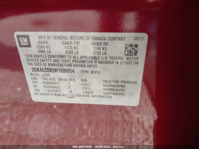 Chevrolet EQUINOX LT 2017 2GNALCEK9H1606654 Image 9