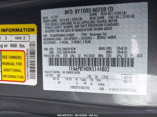 1FA6P8TH0N5144802 Ford Mustang Ecoboost Fastback