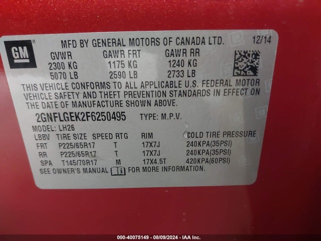 Chevrolet Equinox 2lt 2015 2GNFLGEK2F6250495 Image 9