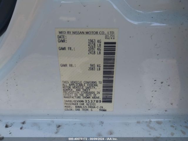 1N4BL4EVXMN353789 Nissan Altima Sl Fwd