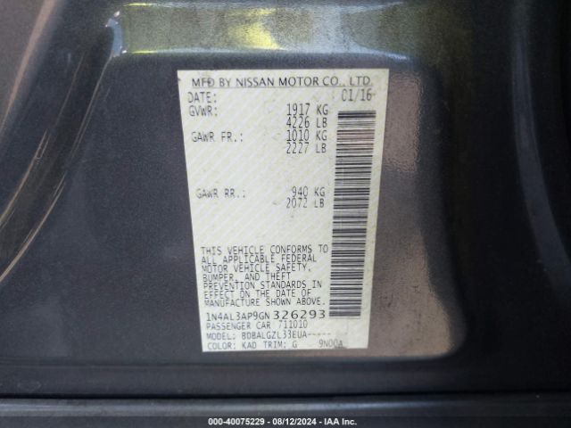 1N4AL3AP9GN326293 Nissan Altima 2.5/2.5 S/2.5 Sl/2.5 Sr/2.5 Sv